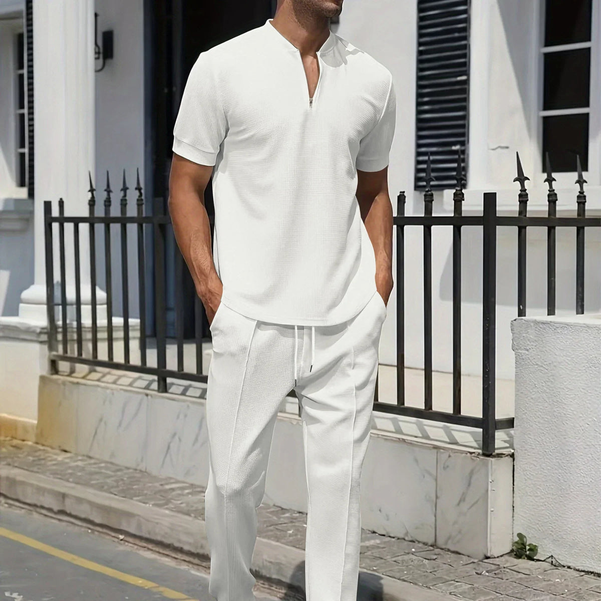 Stand Collar Short Sleeve Shirt and Drawstring Trouser Set for Men | Spring Wear