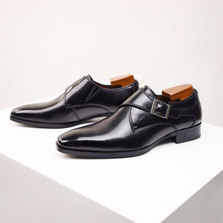 Black leather monk-strap dress shoes with square buckle and low-profile sole