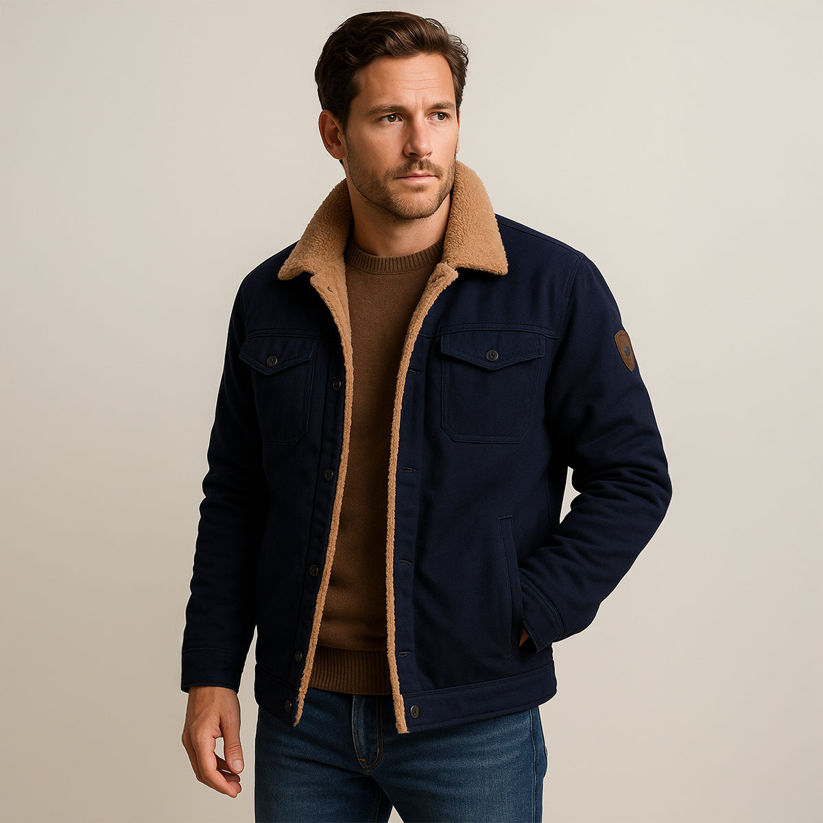 Men's fleece-lined winter coat in navy with tan sherpa collar and front buttons
