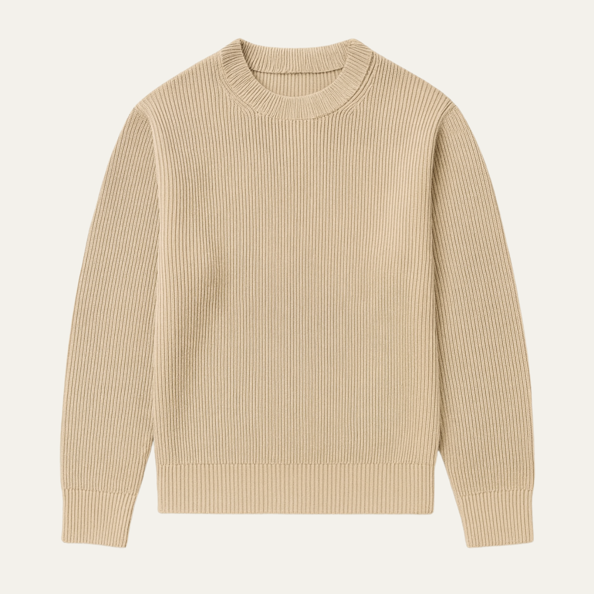 Men’s ribbed merino wool crewneck sweater, beige knit with long sleeves