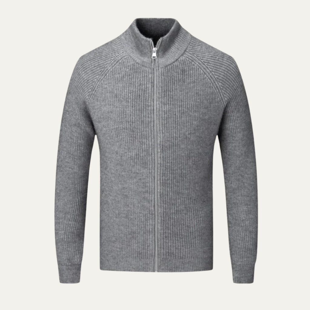 Men's gray merino wool zip-up cardigan front view with center zipper and ribbed trim.