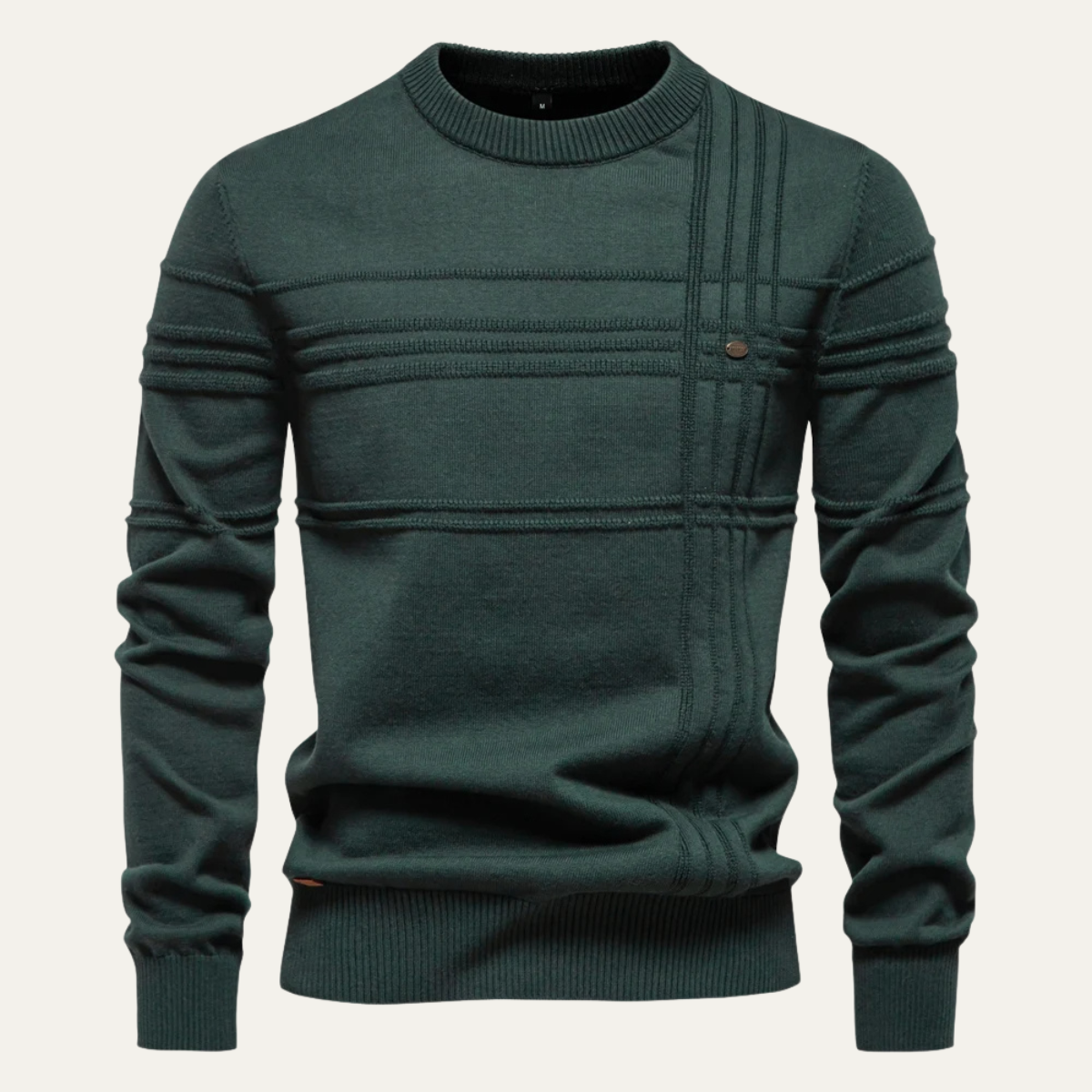 Men's crew neck sweater, dark green, button placket at chest, ribbed cuffs, front view