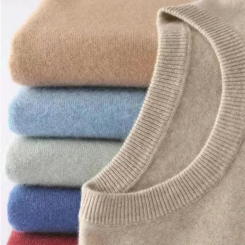 Crew neck knit sweaters stack: beige with ribbed trim, plus light blue and gray layers