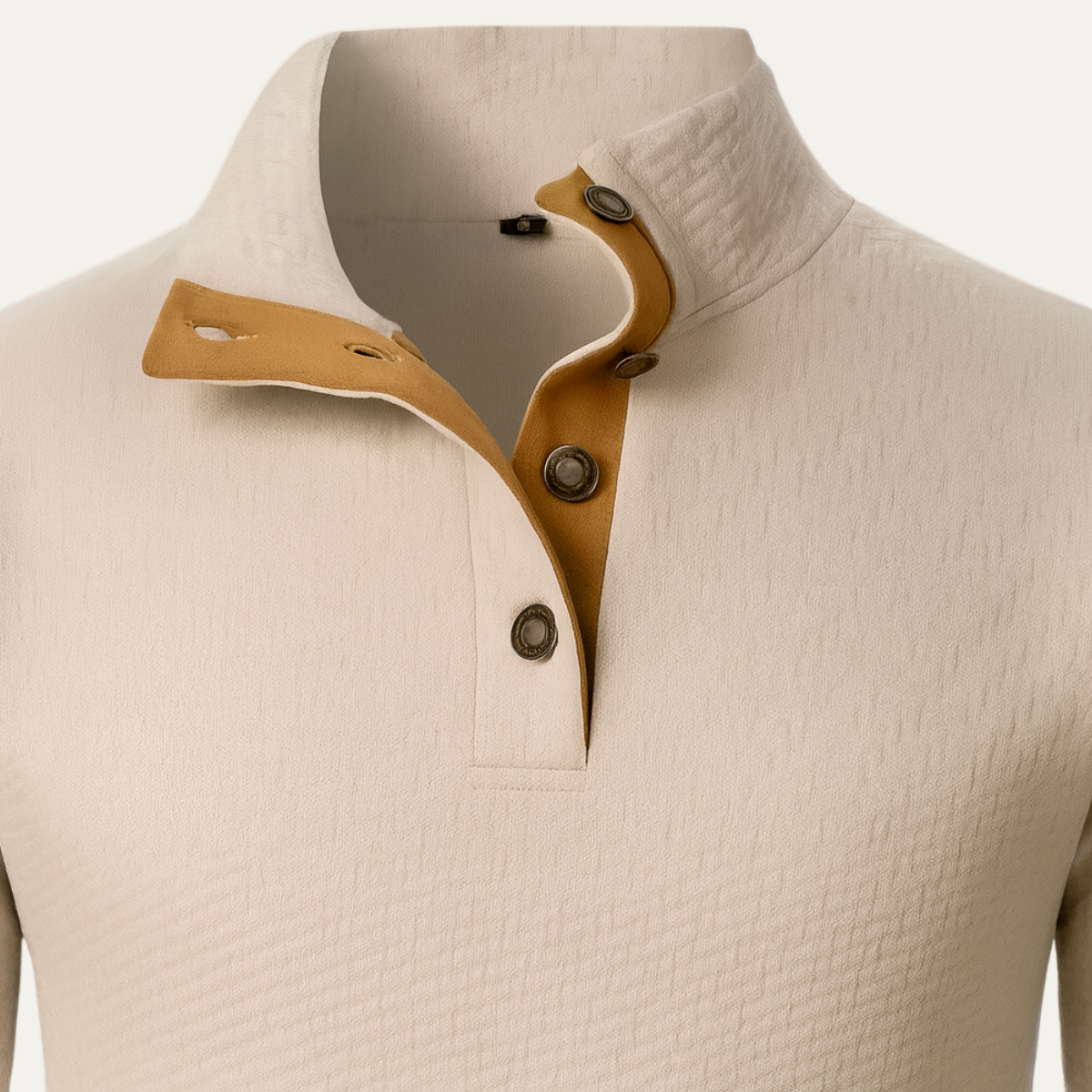 Beige quarter-zip sweater close-up: tan button placket and stand collar