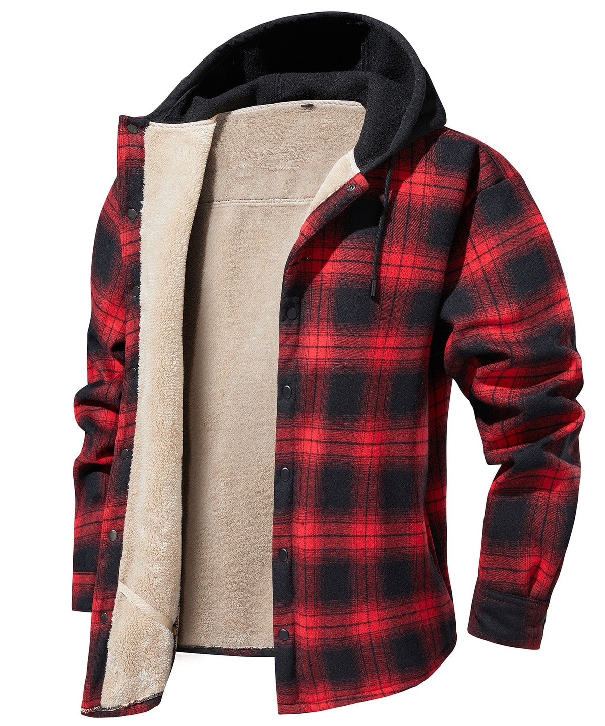 Red Check Sherpa Lined Hooded Flannel Jacket for Men | Cold Weather