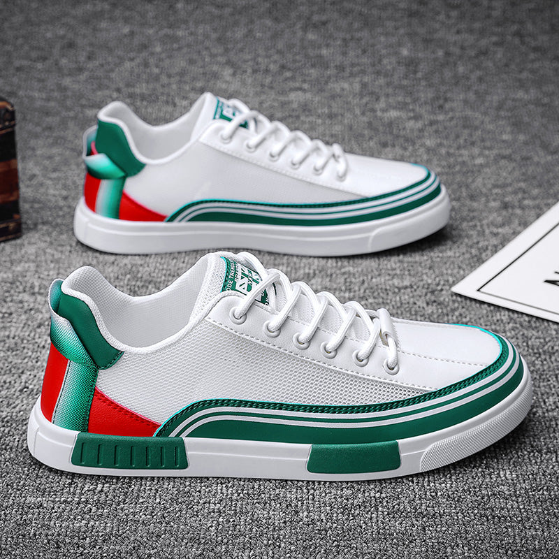 White, green & red low-top mesh sneakers with lace-up front and striped side