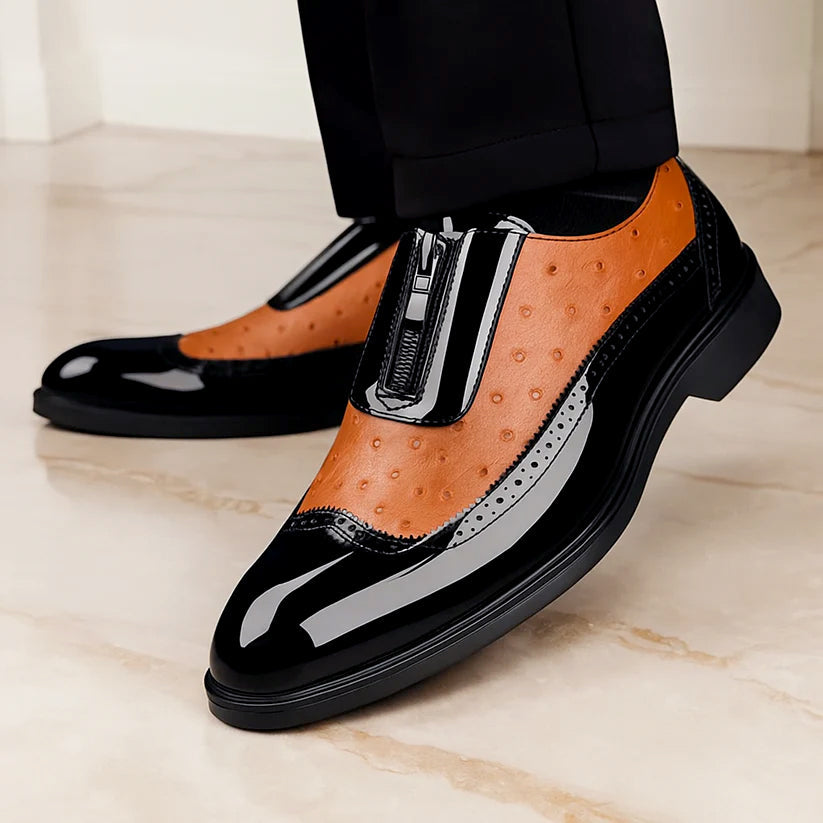 Ostrich dress shoes with gloss finish, tan uppers with black strap buckle and wingtip trim