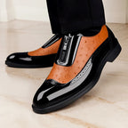 Ostrich dress shoes with gloss finish, tan uppers with black strap buckle and wingtip trim