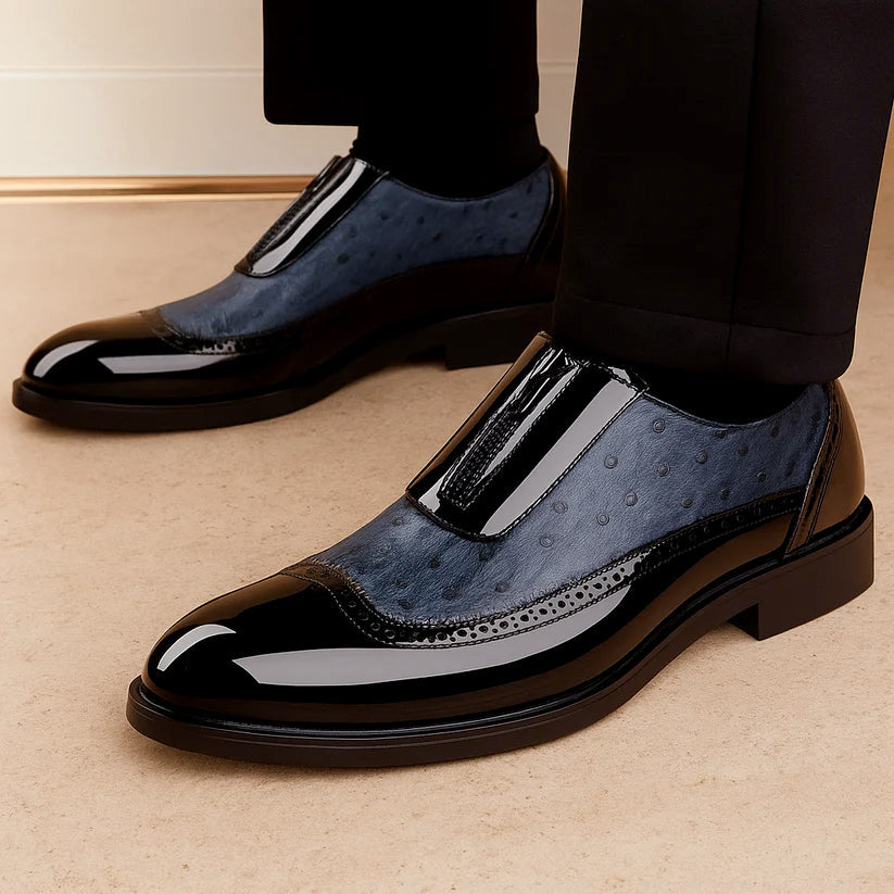 Gloss ostrich dress shoes in dark blue with black strap, brogue-style stitching, low block heel