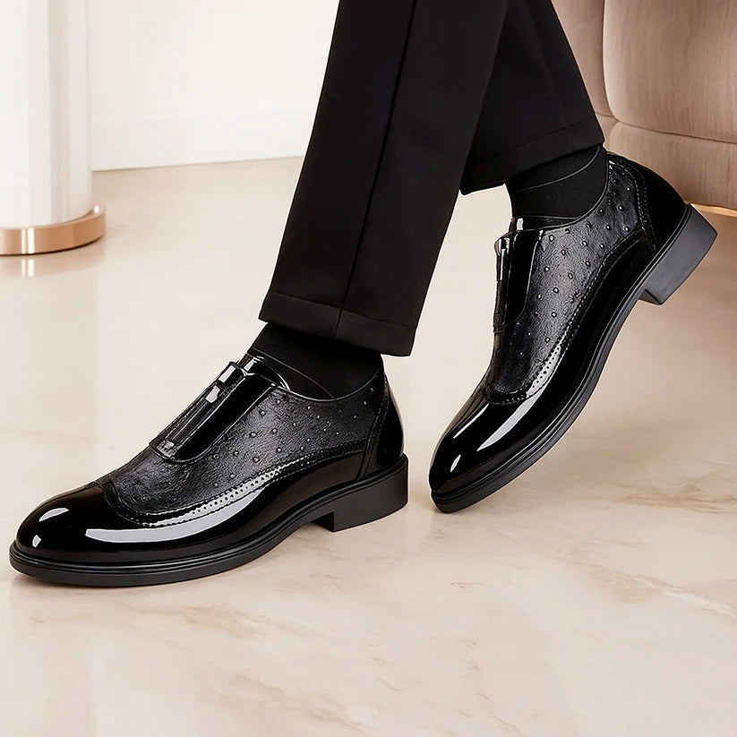 Gloss ostrich dress shoes in dark black with lace-up strap details and low block heel