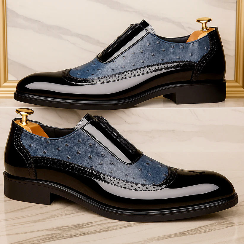 Ostrich dress shoes with gloss finish, blue uppers with black toe panels and strap buckle