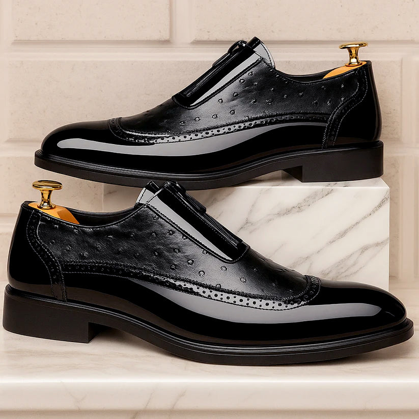 Ostrich dress shoes with glossy black finish, strap buckle, brogue stitching, low block heel