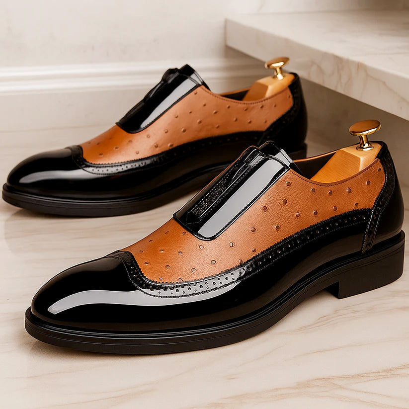 Gloss ostrich dress shoes in tan brown and black, strap detail with buckle and low block heel