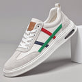 Beige genuine leather retro sneakers with white laces and multicolor side stripe