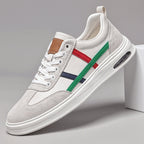 Beige genuine leather retro sneakers with white laces and multicolor side stripe