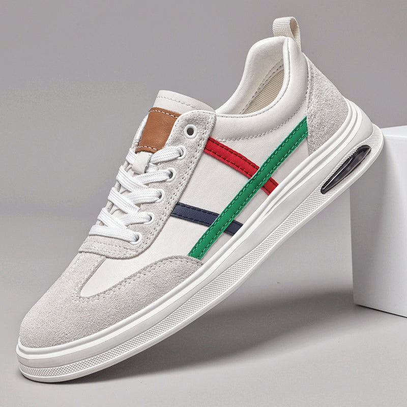 Beige genuine leather retro sneakers with white laces and multicolor side stripe