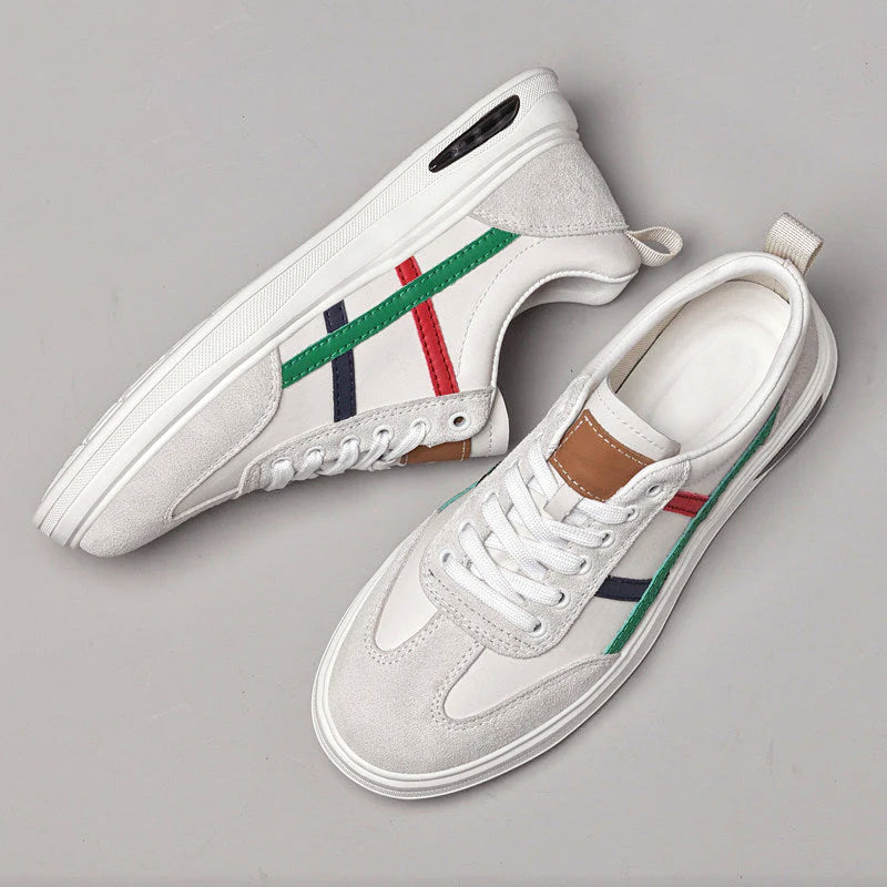 Pair of beige genuine leather retro sneakers with white laces and multicolor stripe