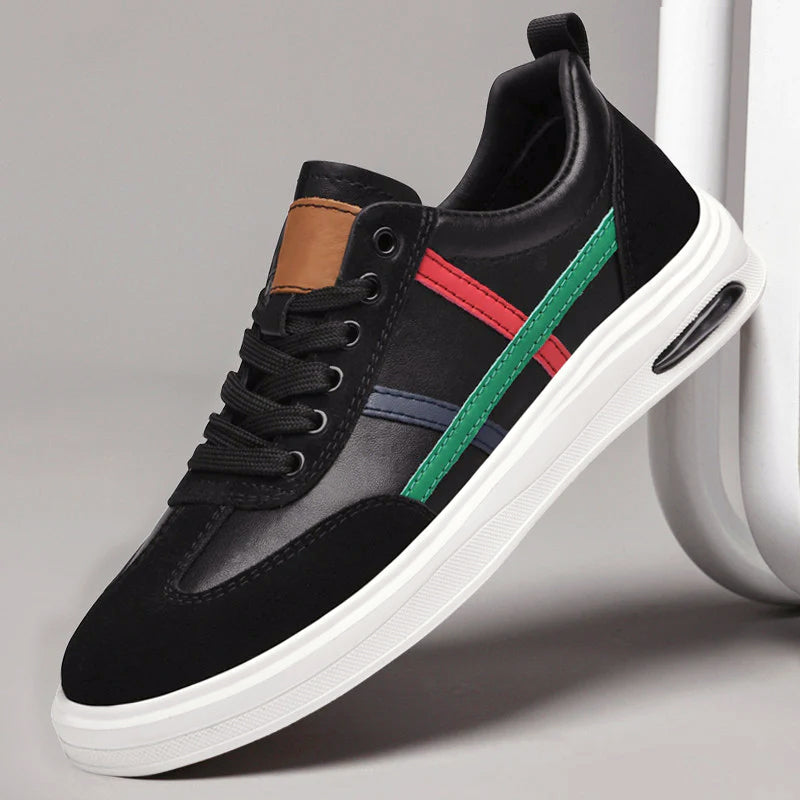 Black genuine leather retro sneakers with white laces and multicolor side stripe