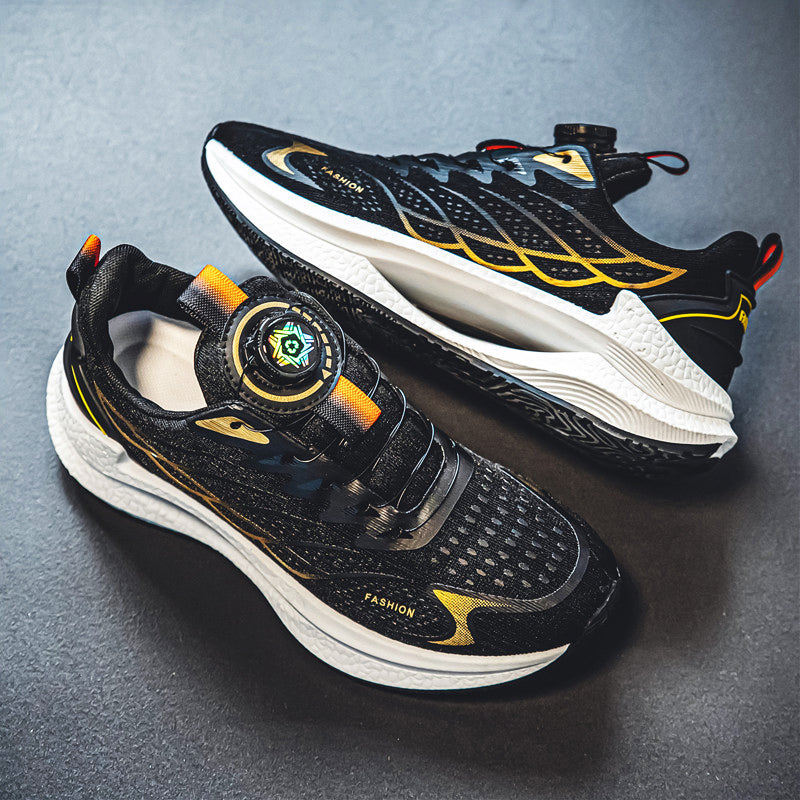 Black sports sneakers with dial closure, yellow flame-style details