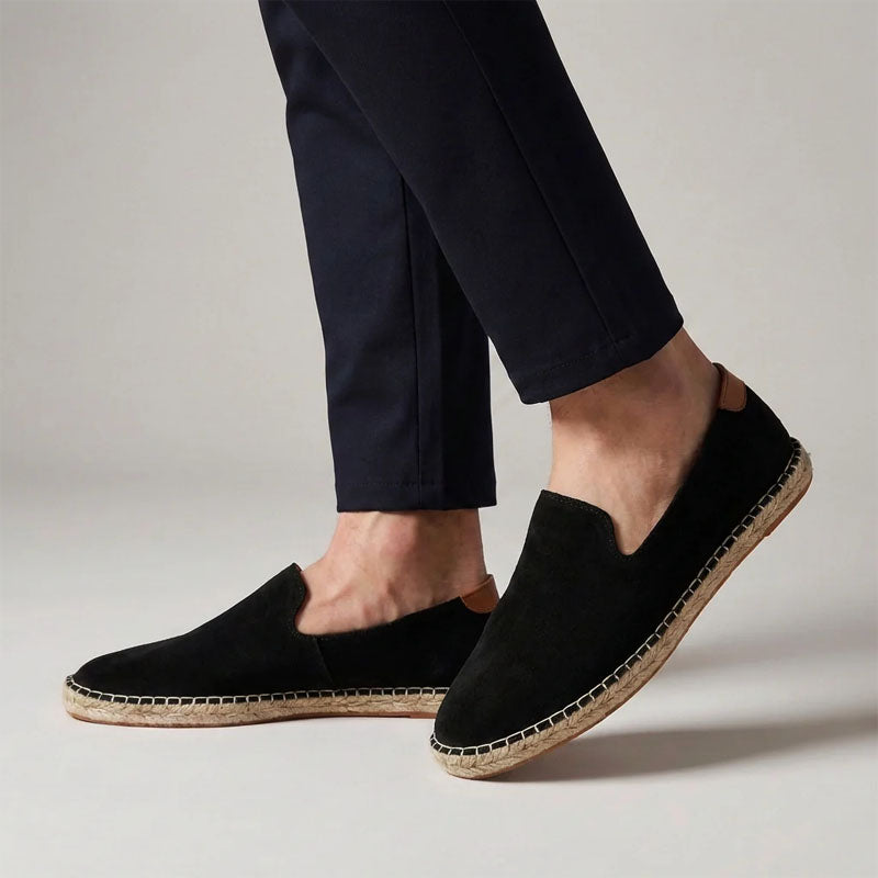 Suede espadrille shoes in black with jute wrap sole and low profile