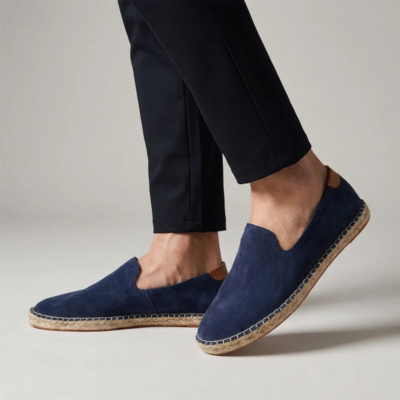 Suede espadrille shoes in navy blue with jute wrap sole and low profile