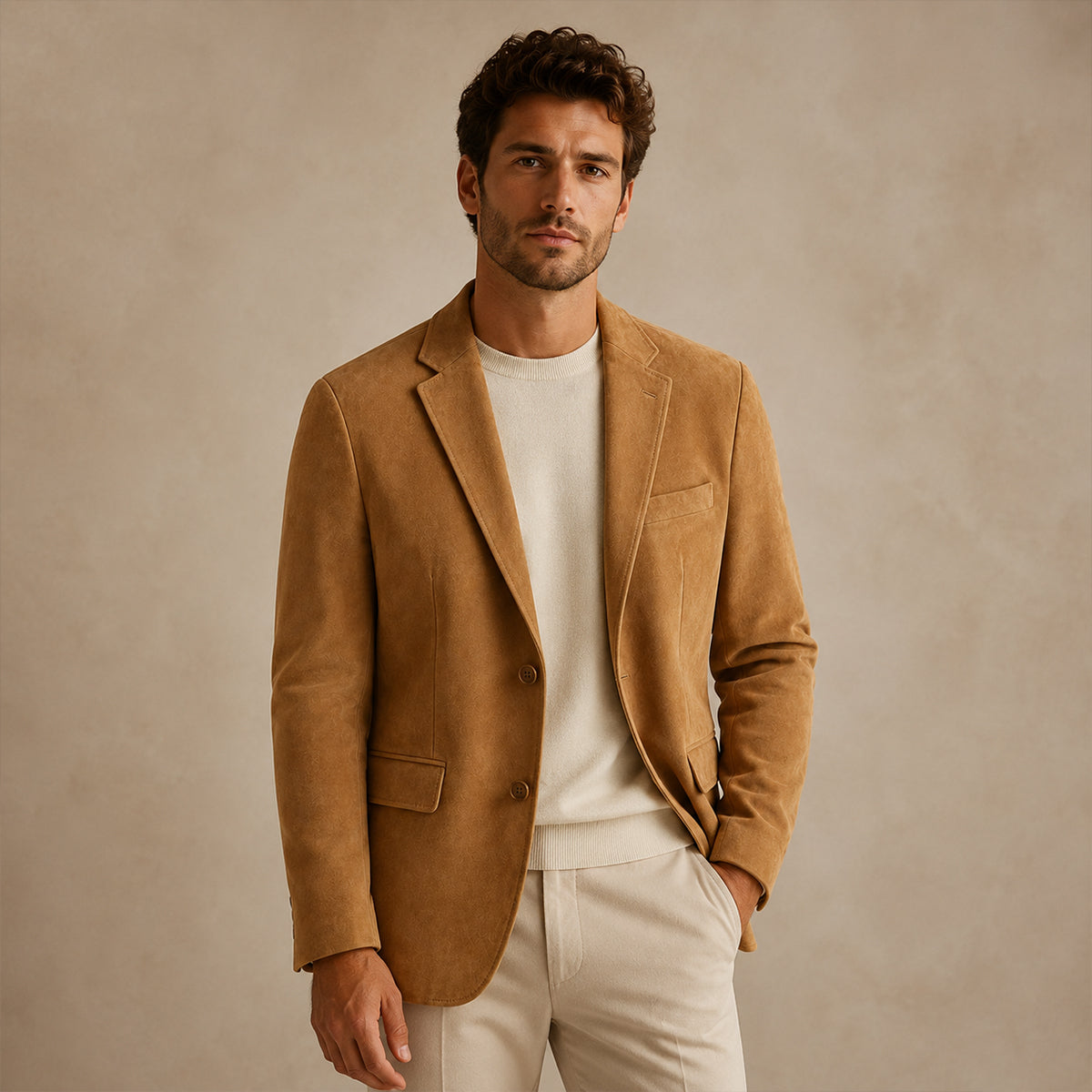Men's light brown blazer with notched lapel and flap pockets, worn open at front