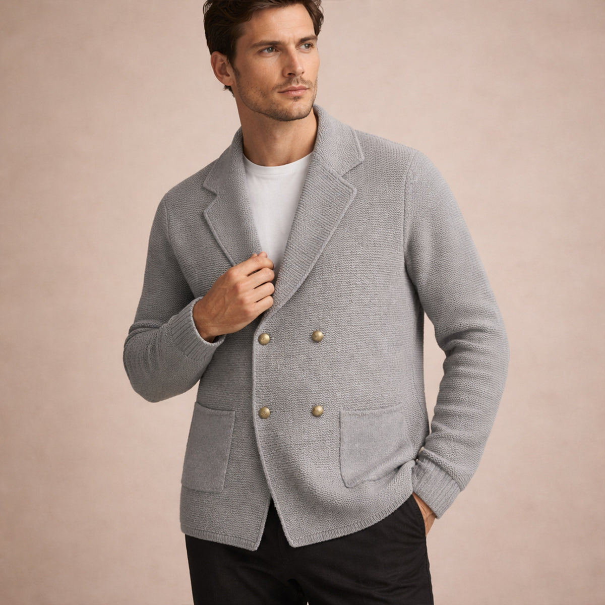 Men's gray knit double-breasted cardigan with shawl lapels, gold buttons, patch pockets