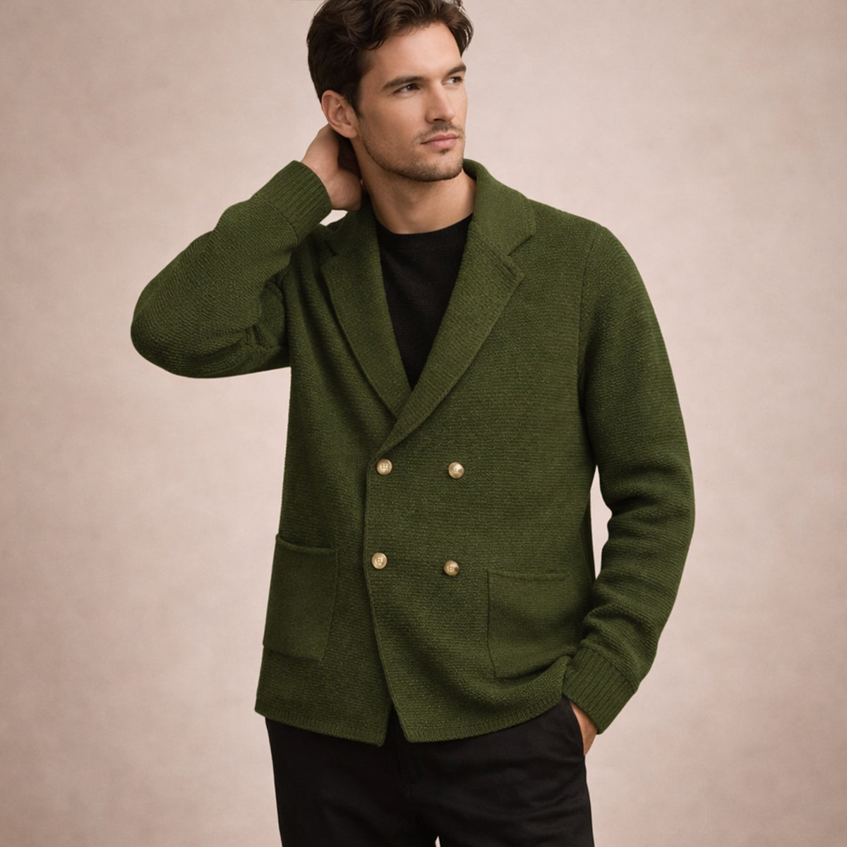 Men's army green double-breasted knit cardigan on model, with gold buttons and patch pockets