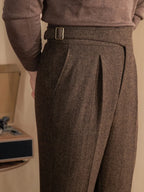Herringbone Wool Blend Pleated Tailored Trousers for Men | Smart Casual Wear