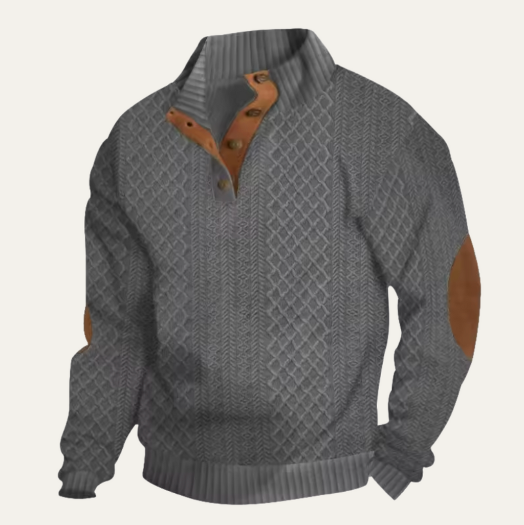 Men's dark gray cable-knit sweater with quarter-zip placket and leather-look trim