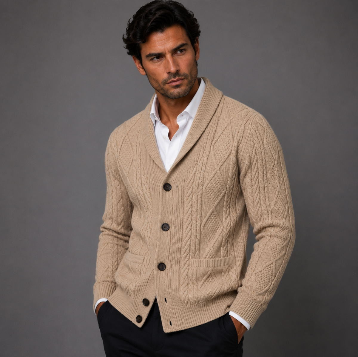 Men's beige cashmere cardigan with shawl collar and four-button front, worn