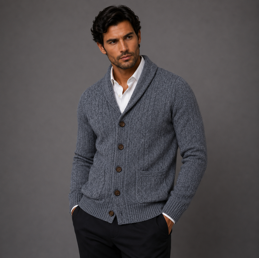 Men's heather gray cashmere cardigan with shawl collar and four-button front, worn