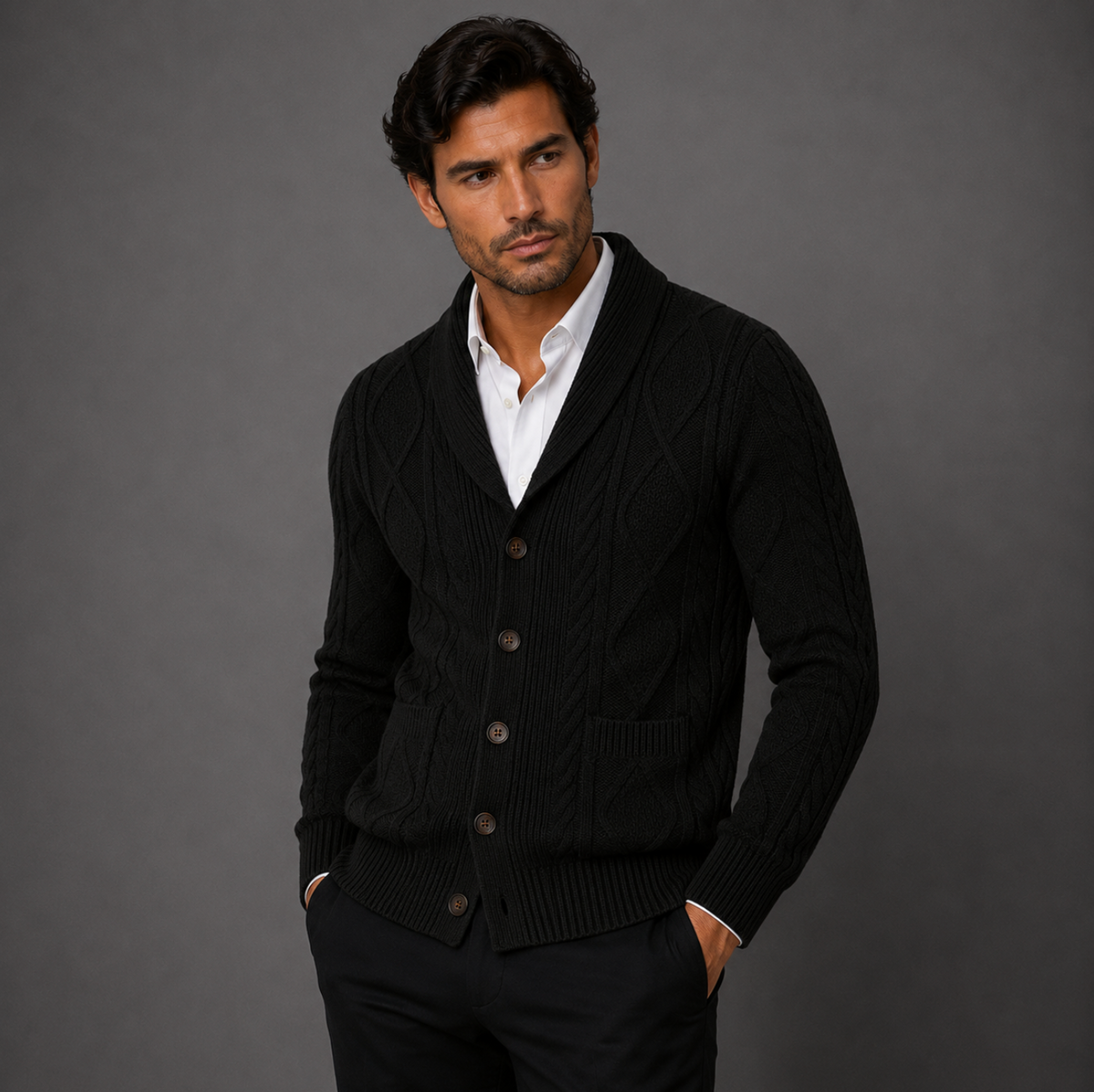 Men's black cashmere cardigan with shawl collar and four-button front, worn