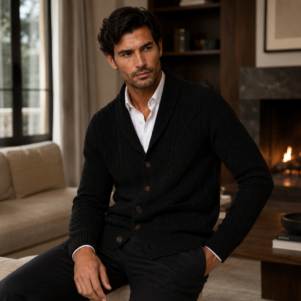Men's cashmere cardigan in black, button-front knit with ribbed cuffs and hem