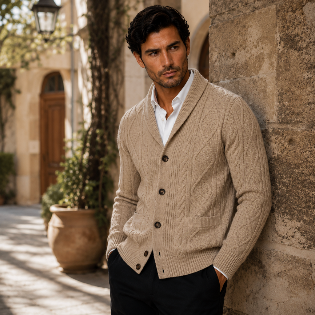 Men's cashmere cardigan in beige, cable-knit button-front with ribbed cuffs