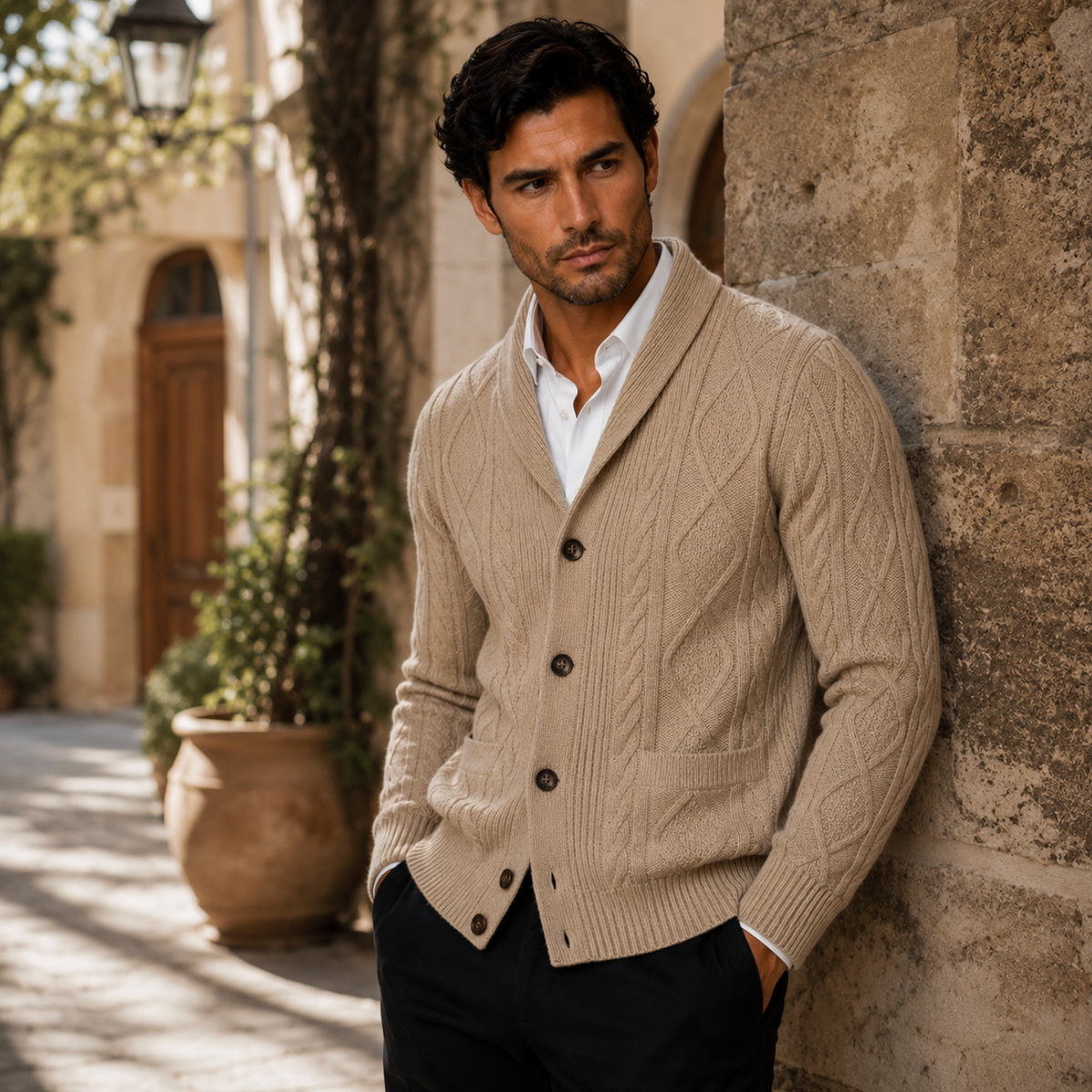 Men's cashmere cardigan in beige, cable-knit button-front with ribbed cuffs