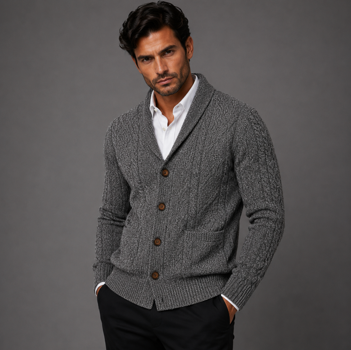 Men's cashmere cardigan in heather gray, button-front with ribbed cuffs and hem