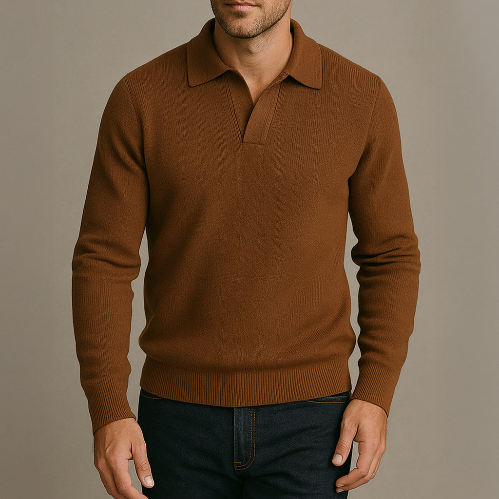 Men's brown knitted long-sleeve open-collar polo sweater with ribbed cuffs