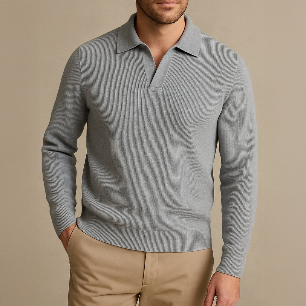Men's gray knitted long-sleeve open-collar polo sweater worn with khaki pants