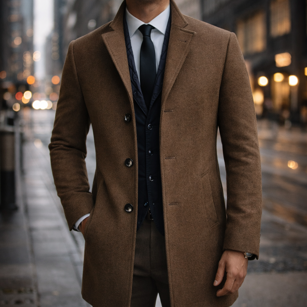 Men's wool overcoat in brown, button-front, notch lapels, side pockets
