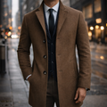 Brown wool overcoat with button-front, notch lapels, tailored fit