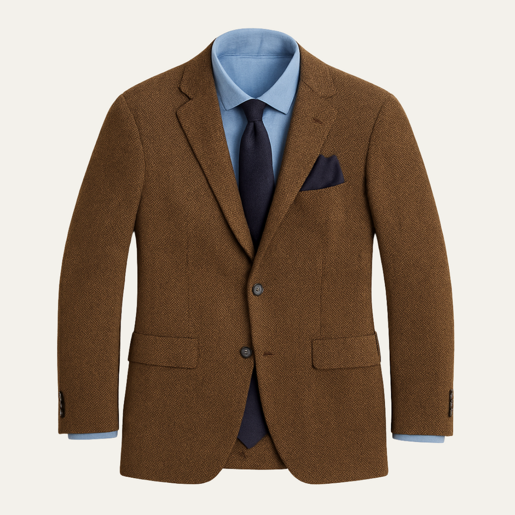 Men's brown tweed blazer with notch lapels, two-button front, and flap pockets