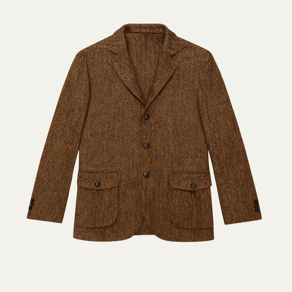 Men's dark brown tweed single-breasted blazer with notched lapels and flap pockets
