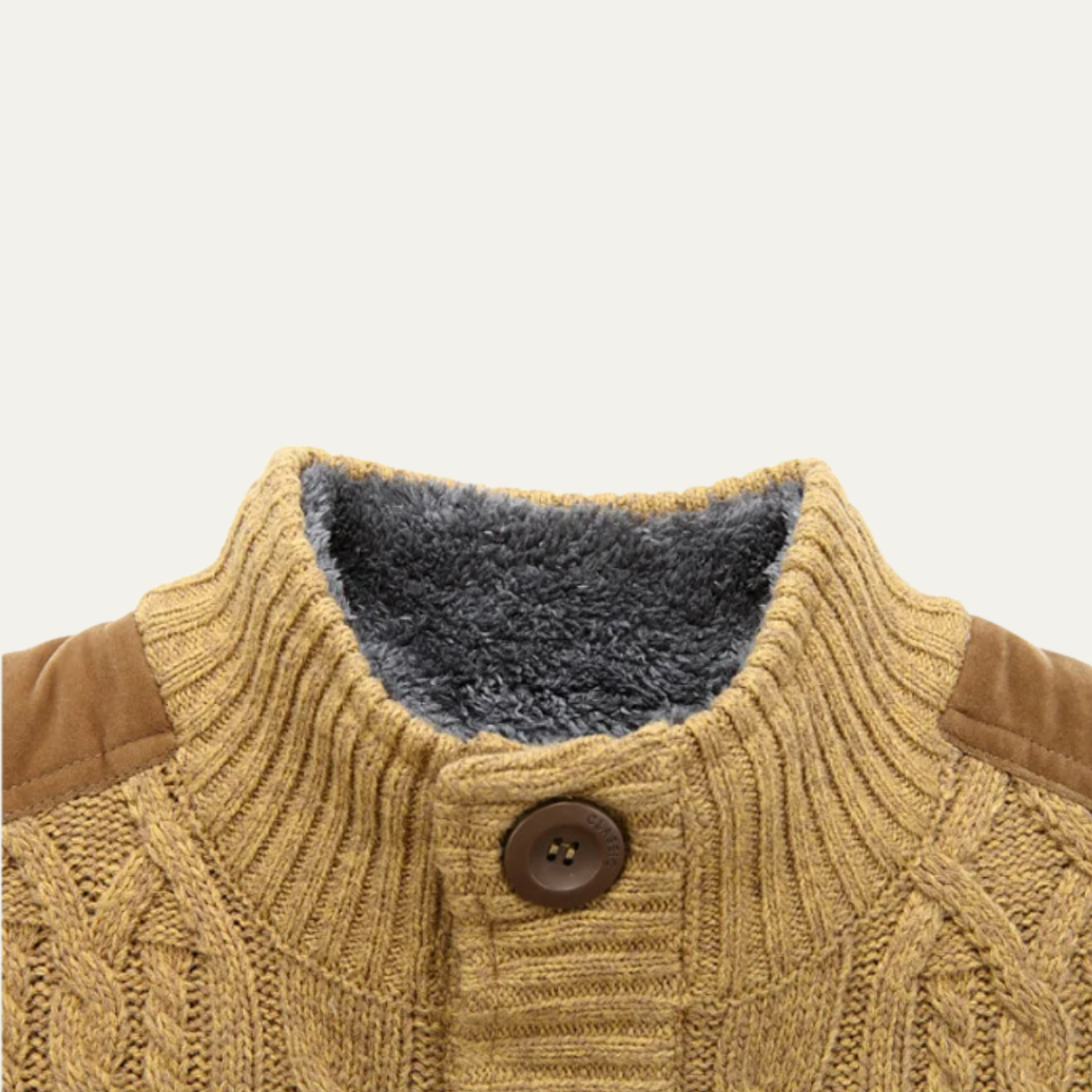 Men's fleece-lined wool cardigan, tan cable-knit with gray sherpa-lined collar