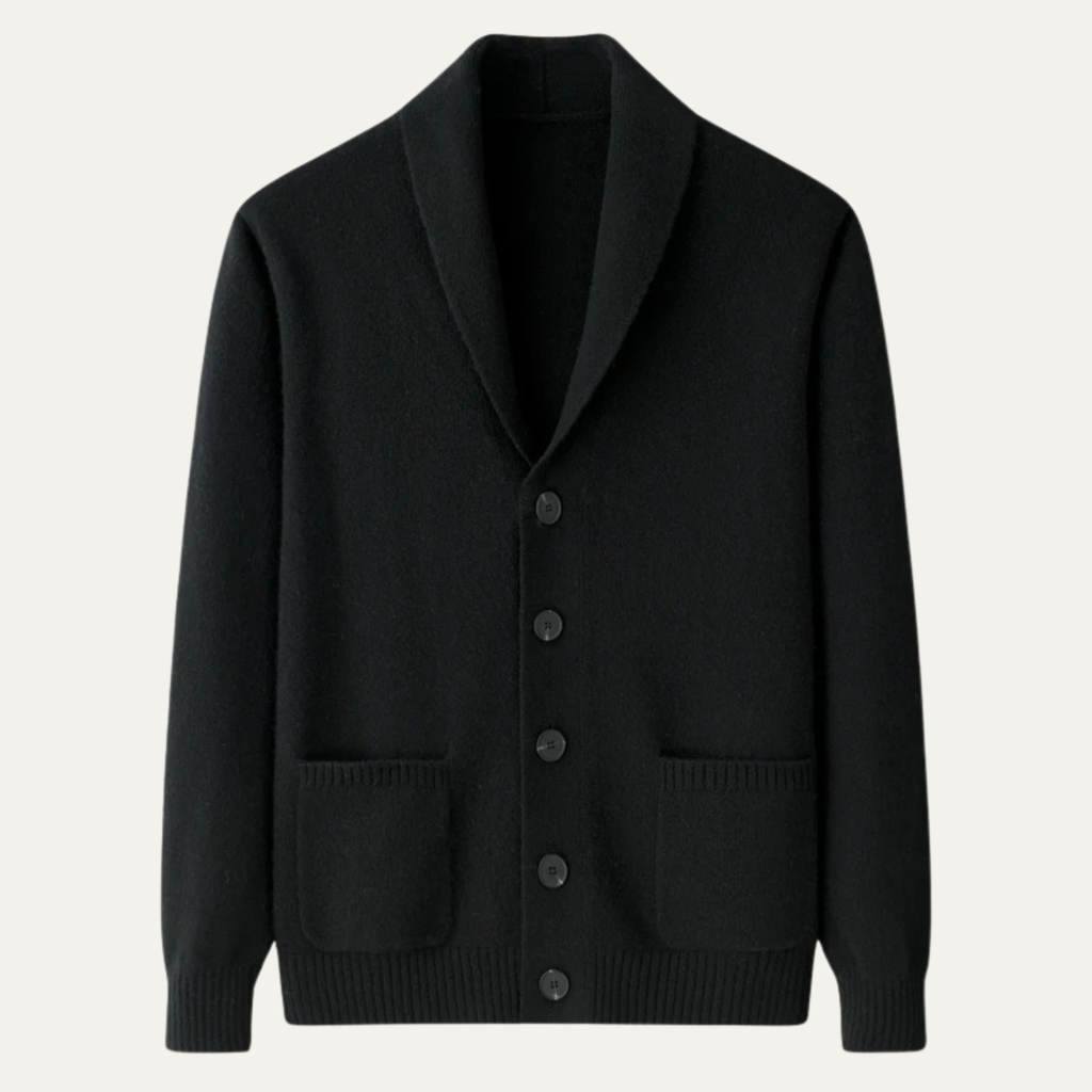 Men’s black shawl-collar knit cardigan with button front and patch pockets