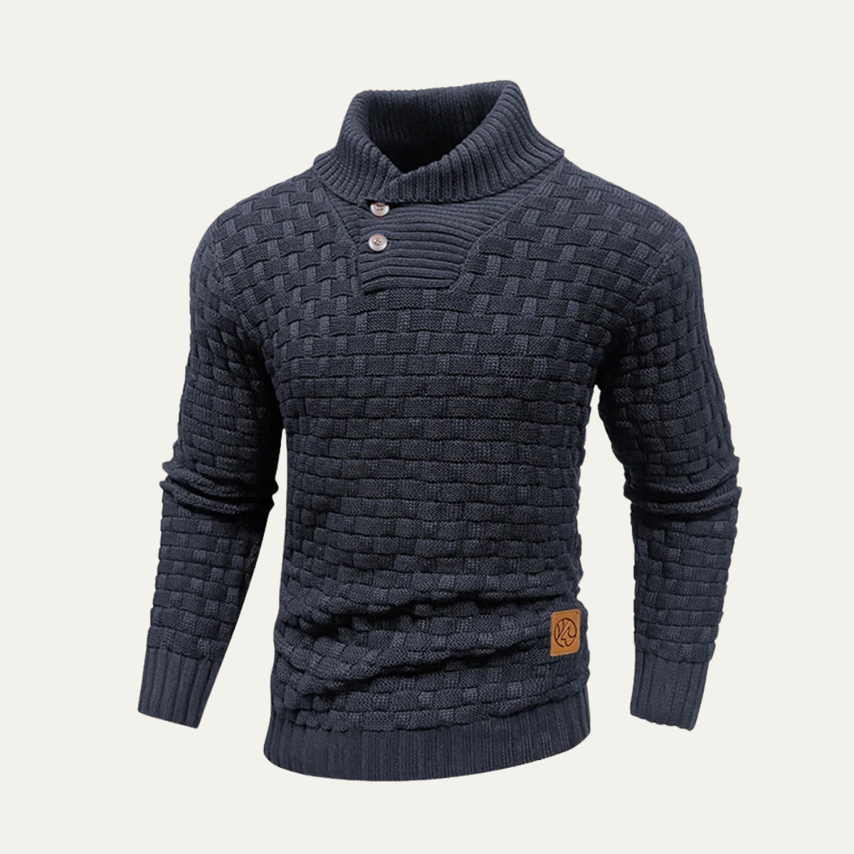 Front view of men’s navy textured knit sweater, mock neck with 2-button henley