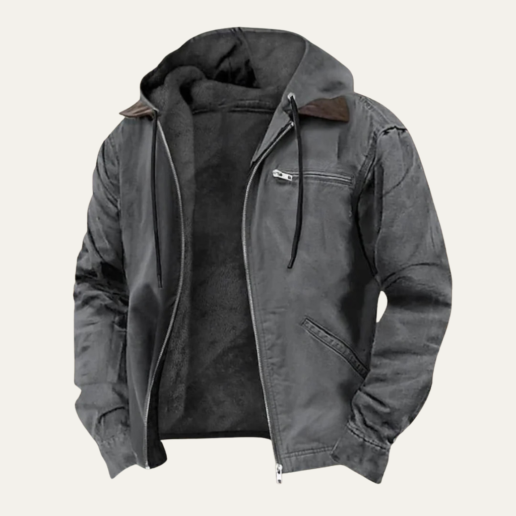 Men’s hooded fleece-lined winter jacket in gray with dark gray lining, zip front and pockets.