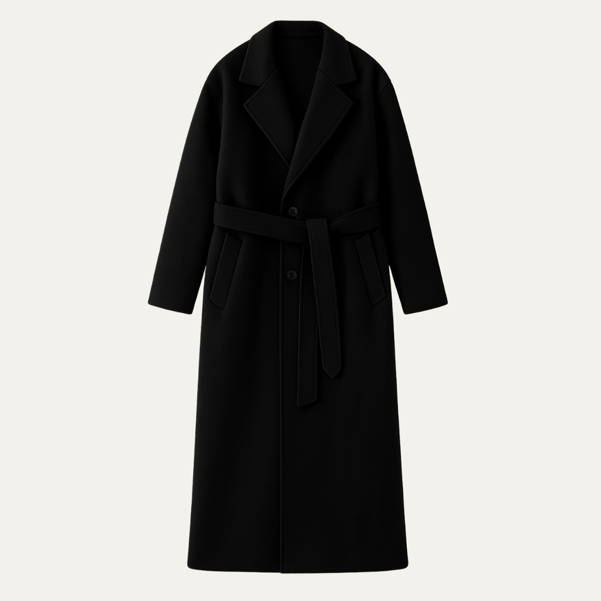 Black long overcoat with structured shoulders and waist tie belt