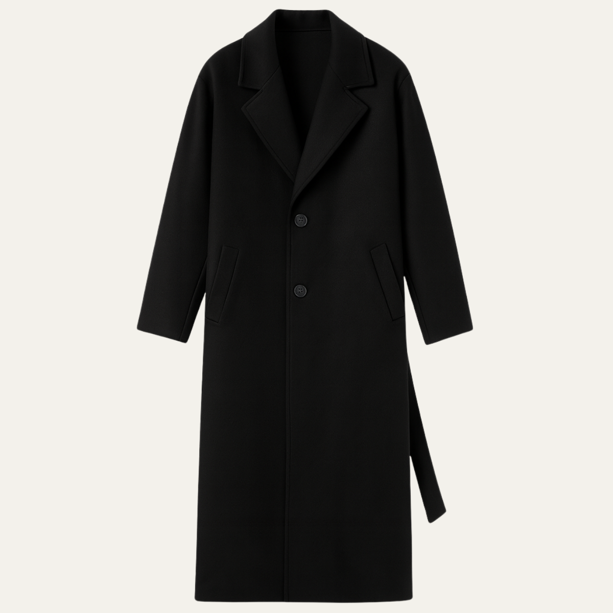 Black wool overcoat with notch lapels and buttoned front, side slit hem