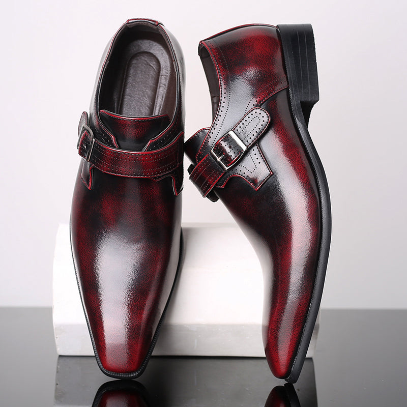 Red lacquered monk shoes with double buckles and black side panels